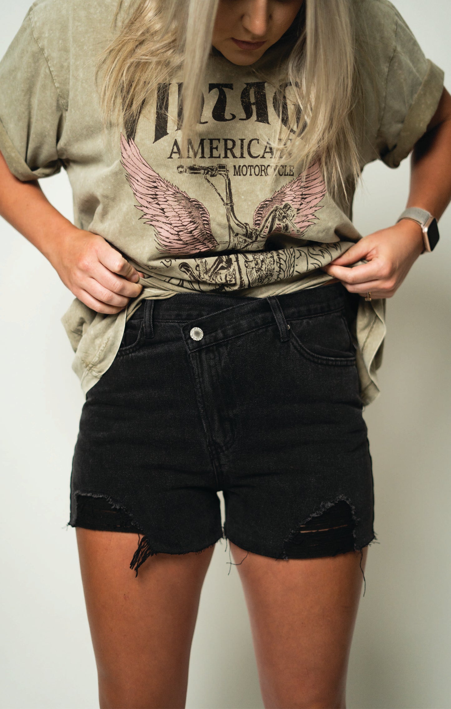 Overlap Distressed Denim Shorts